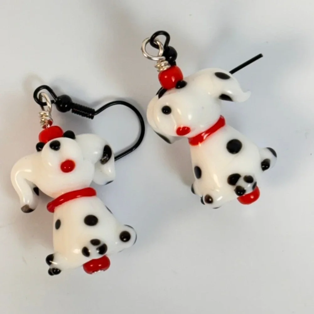 Handmade Dalmatian Dog Earrings White Art Glass Lampwork Whimsygoth Boho Chic